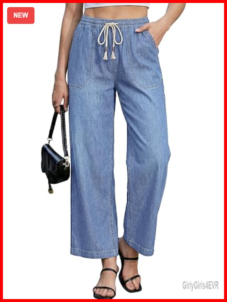 High Waisted Wide Leg Pull On Elastic Waist Drawstring Denim Jeans